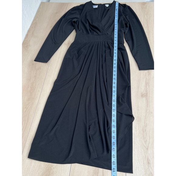 Vintage 80s Rimini Long Sleeve V-Neck Draped Tea Length Midi Black Dress Size 6 - Picture 13 of 14